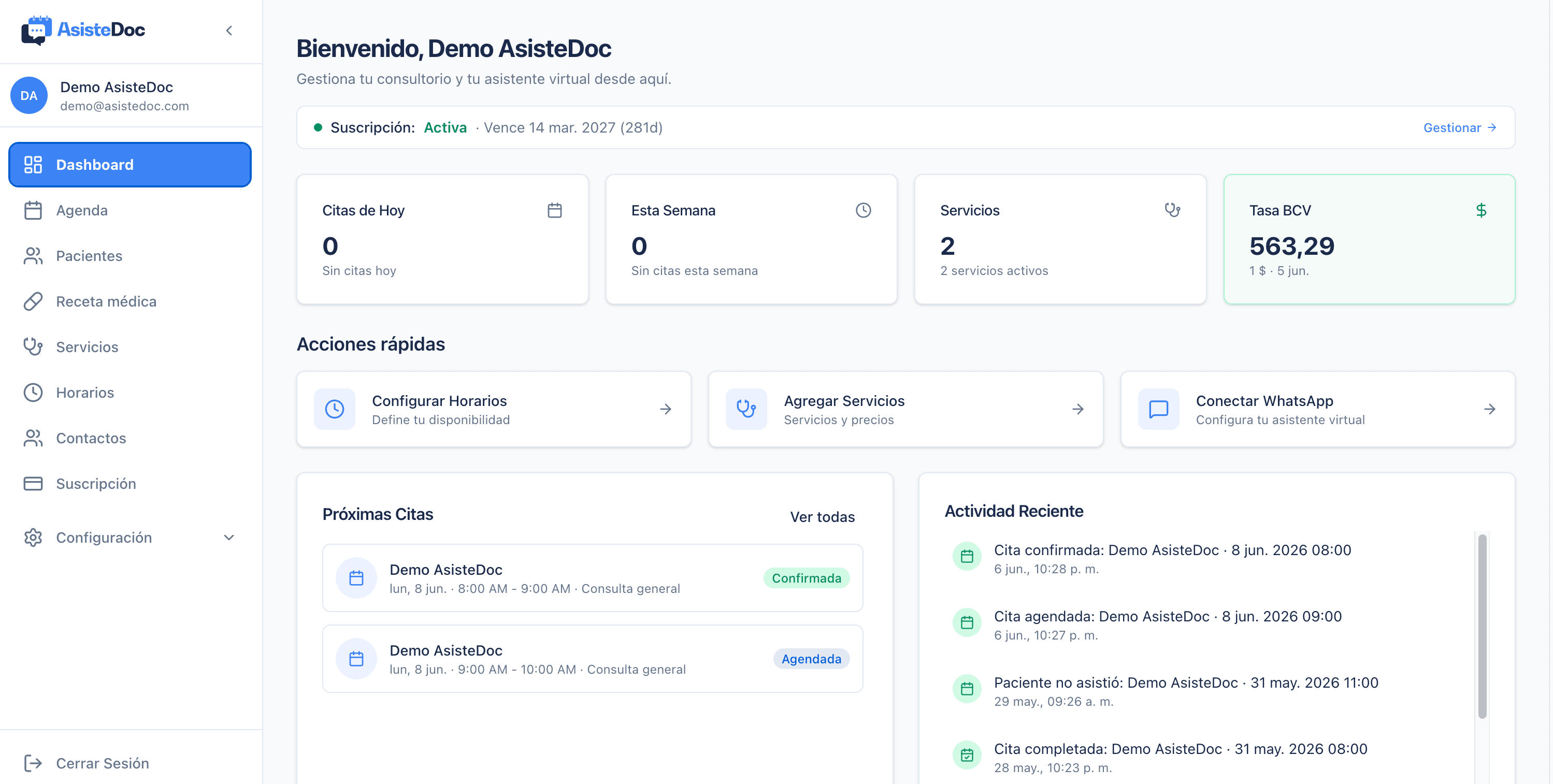 Dashboard de AsisteDoc: agenda, pacientes y tasa BCV en un solo panel